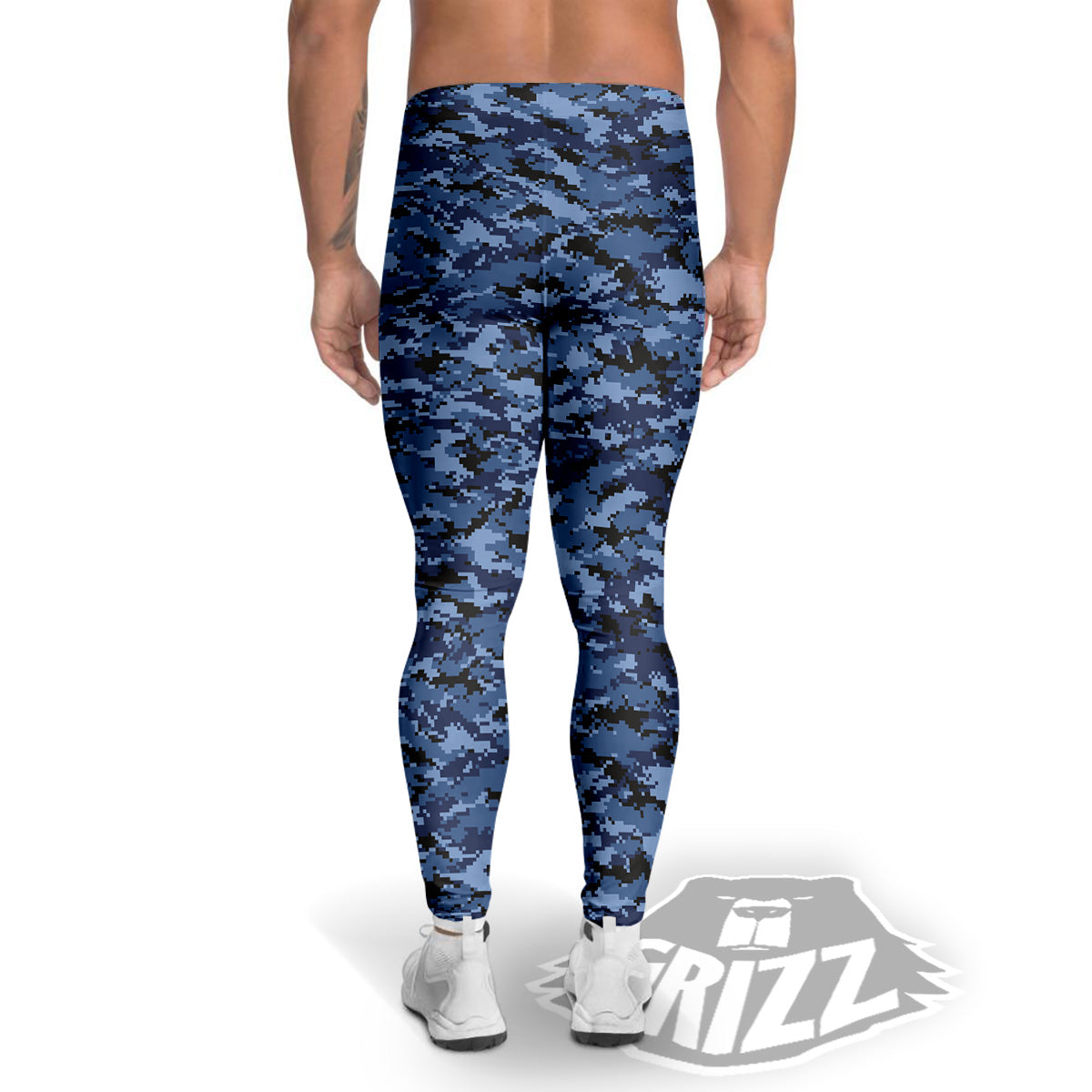 Digital Camo Black And Blue Print Men's Leggings-grizzshop