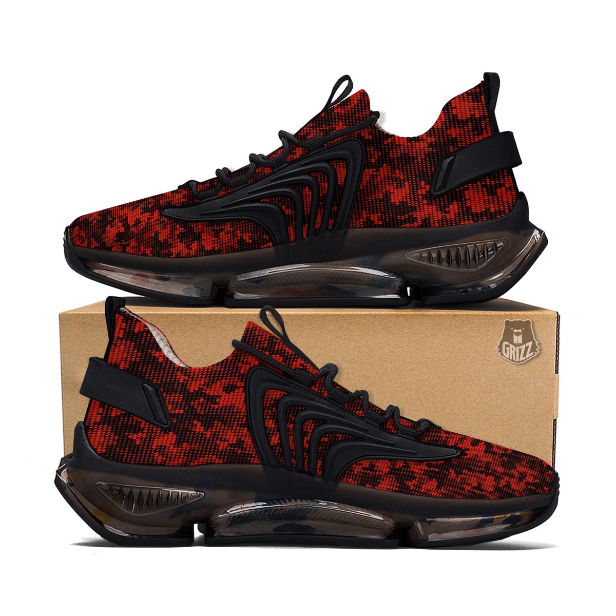 Digital Camo Black And Red Print Pattern Black Gym Shoes-grizzshop