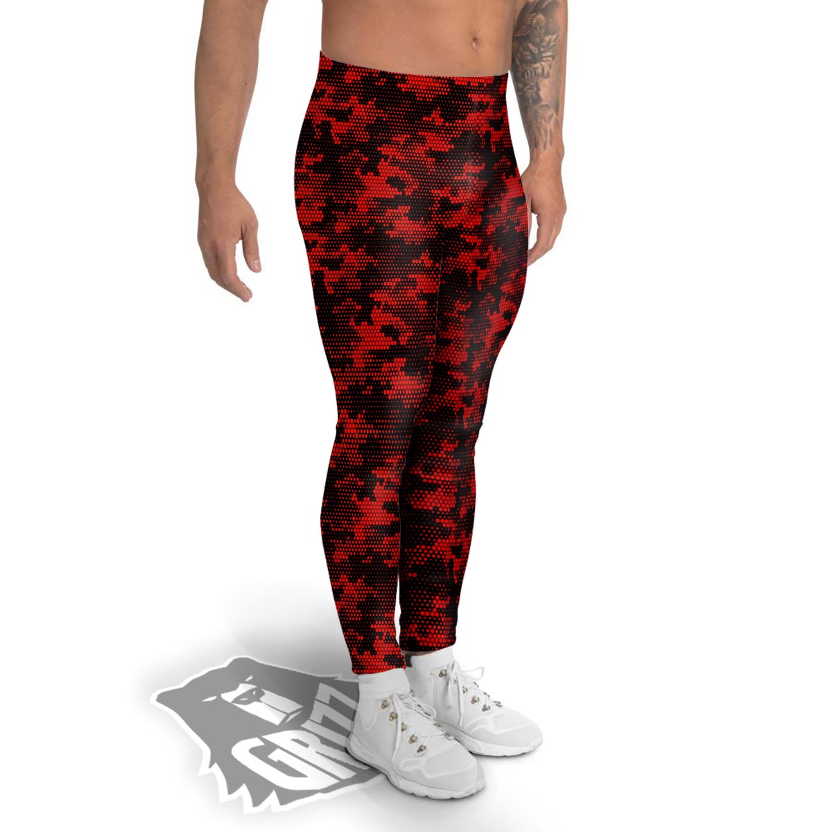 Digital Camo Black And Red Print Pattern Men's Leggings-grizzshop