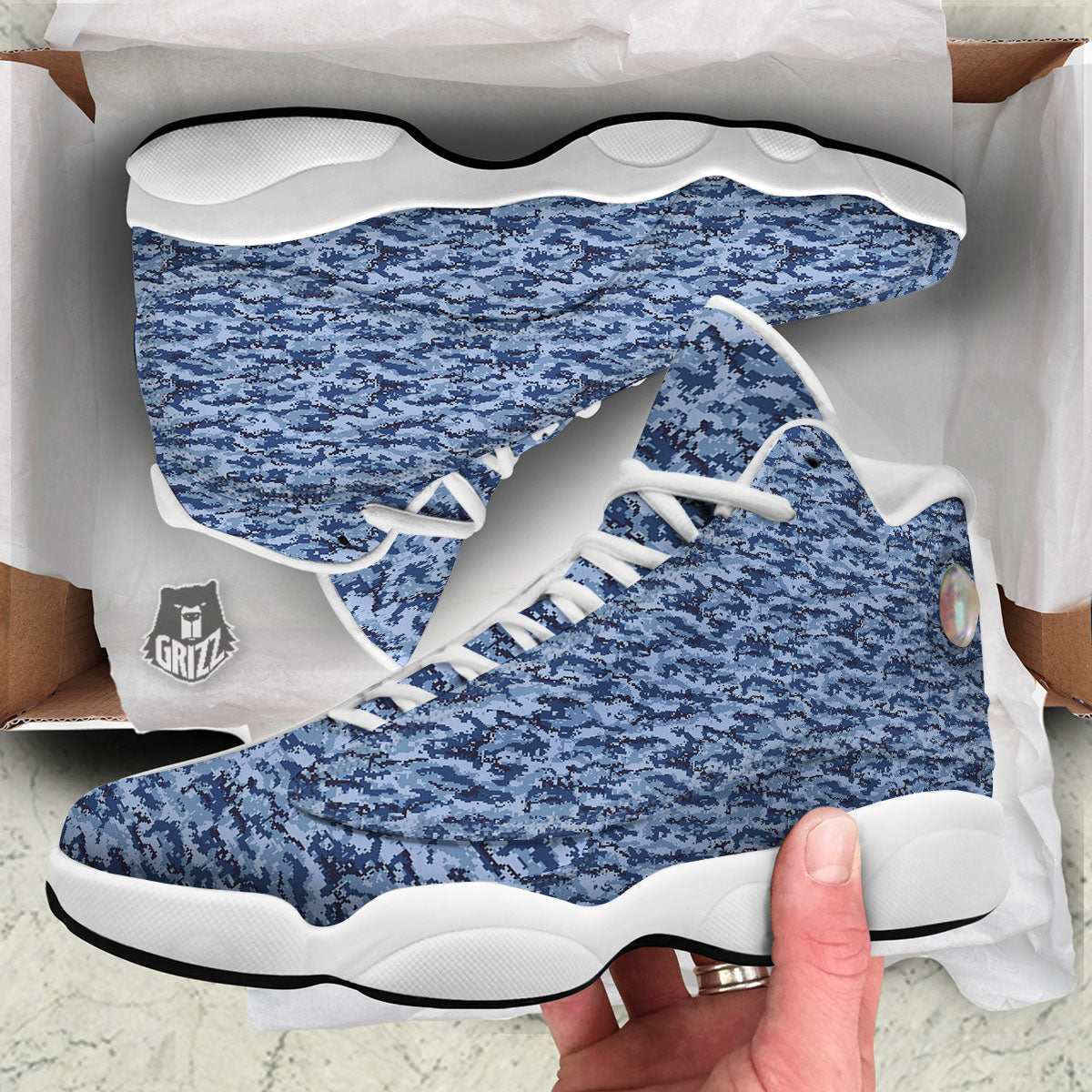 Digital Camo Blue Print Pattern White Basketball Shoes-grizzshop