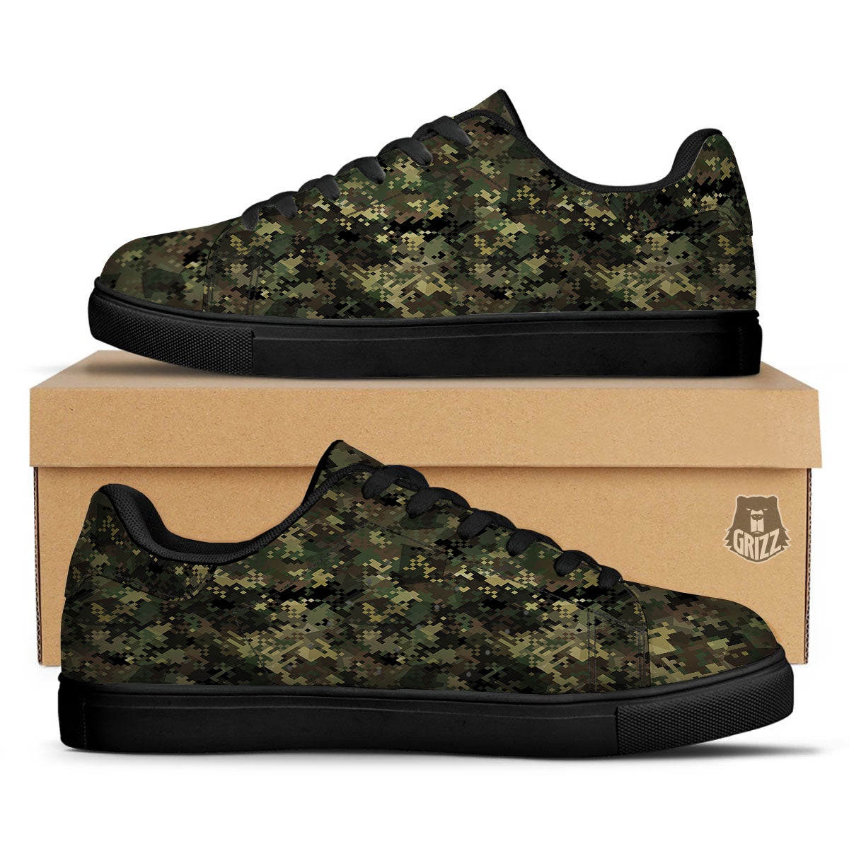 Digital Camo Forest Green Print Pattern Black Low Top Sneakers-grizzshop