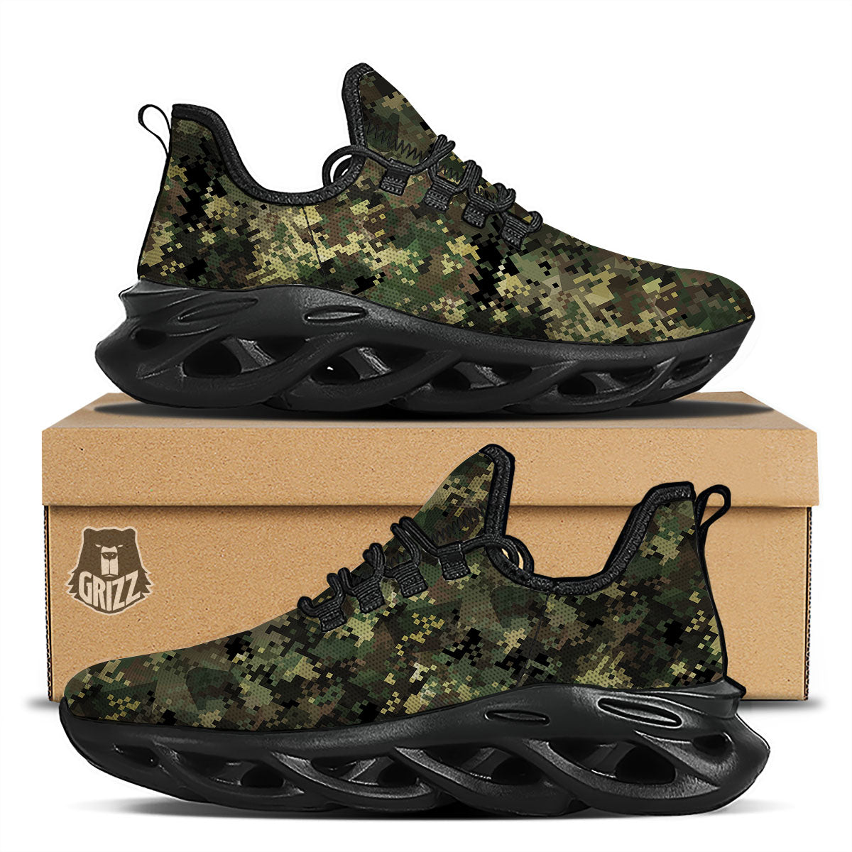 Digital Camo Forest Green Print Pattern Black Running Shoes-grizzshop