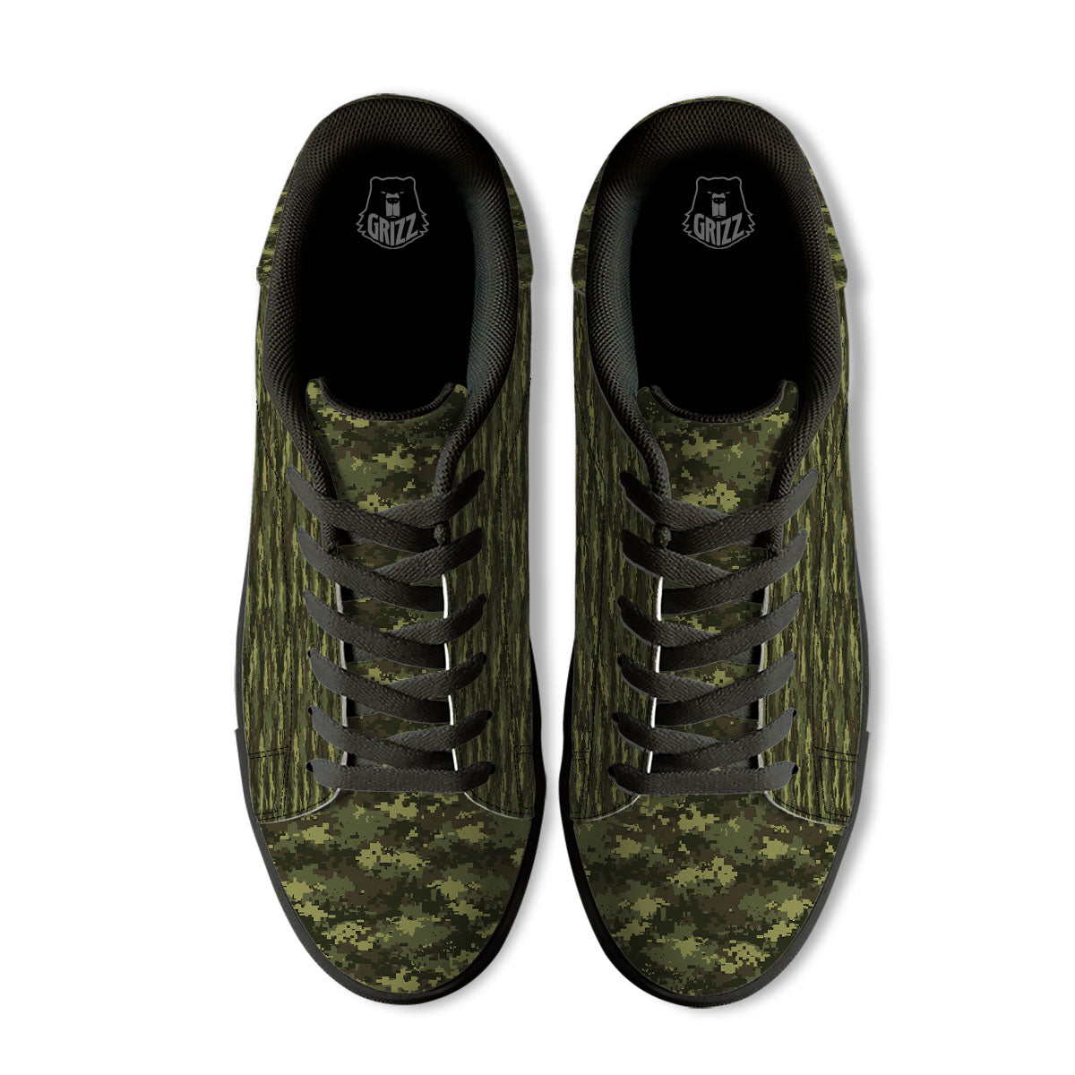 Digital Camo Green Print Pattern Black Low Top Sneakers-grizzshop
