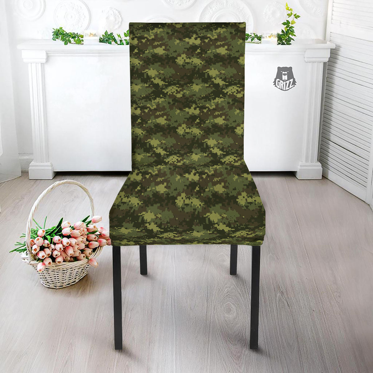 Digital Camo Green Print Pattern Dining Chair Slipcover-grizzshop