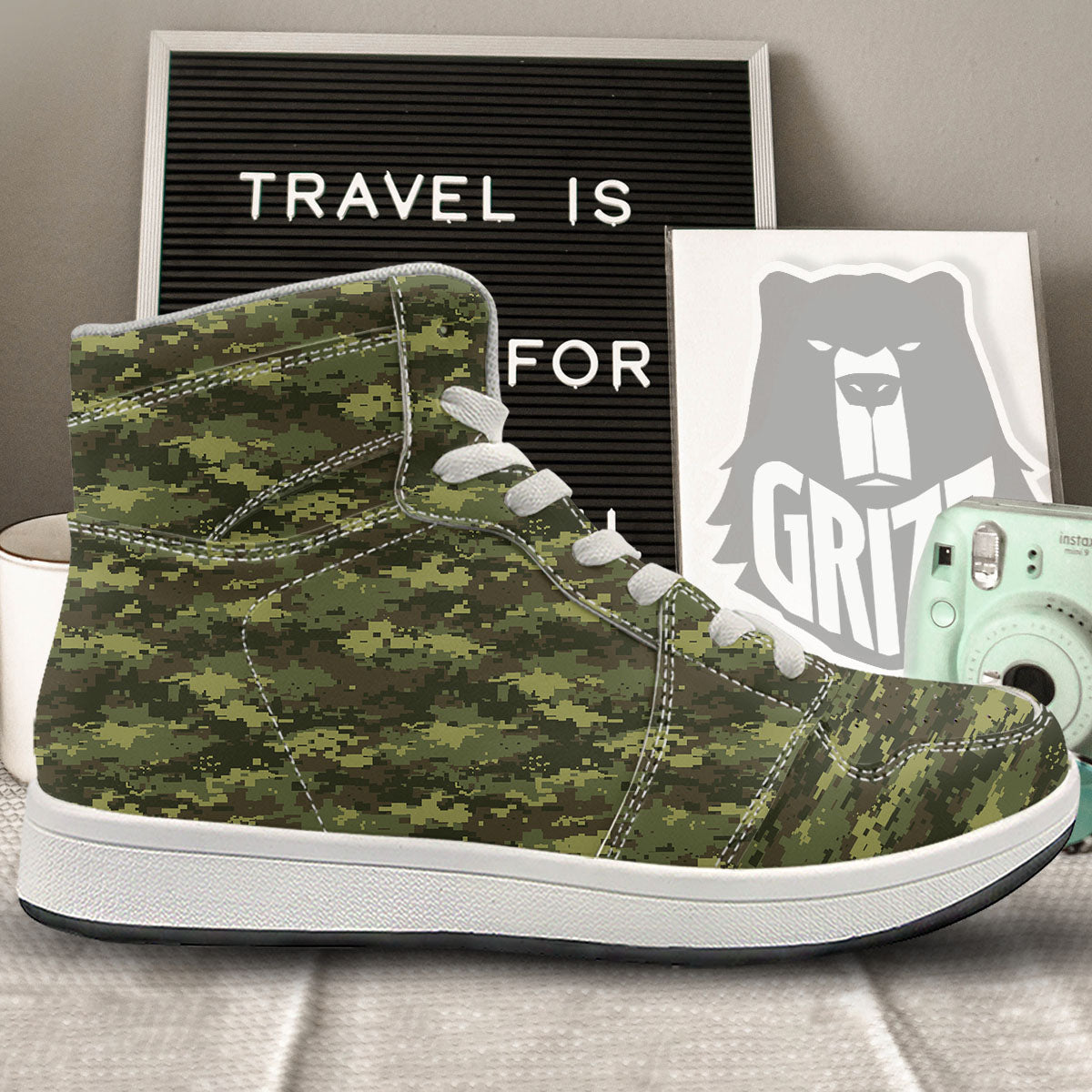 Digital Camo Green Print Pattern High Top Sneakers-grizzshop