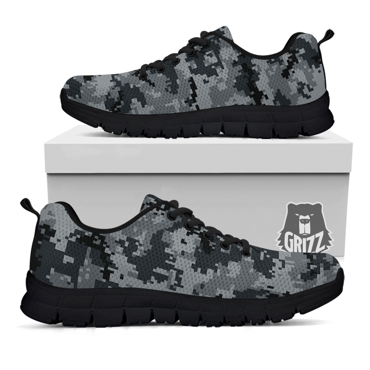 Digital Camo Grey And Black Print Black Sneaker-grizzshop