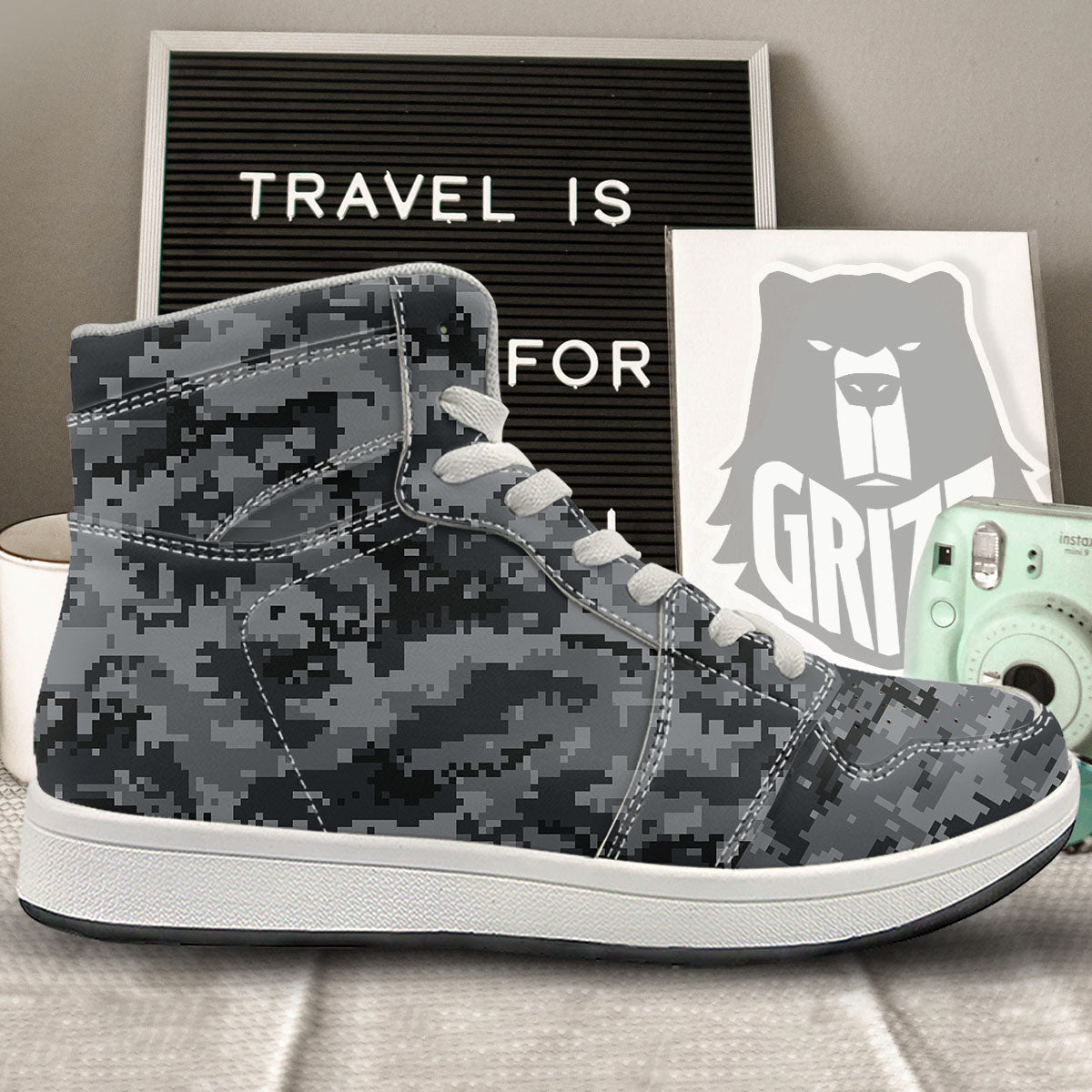 Digital Camo Grey And Black Print High Top Sneakers-grizzshop