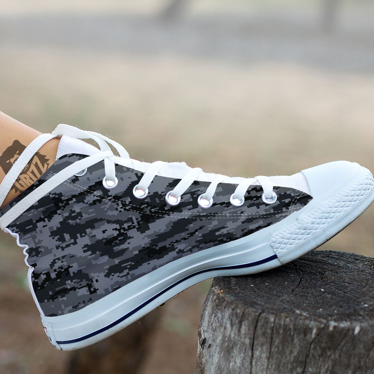Digital Camo Grey And Black Print White High Top Shoes-grizzshop