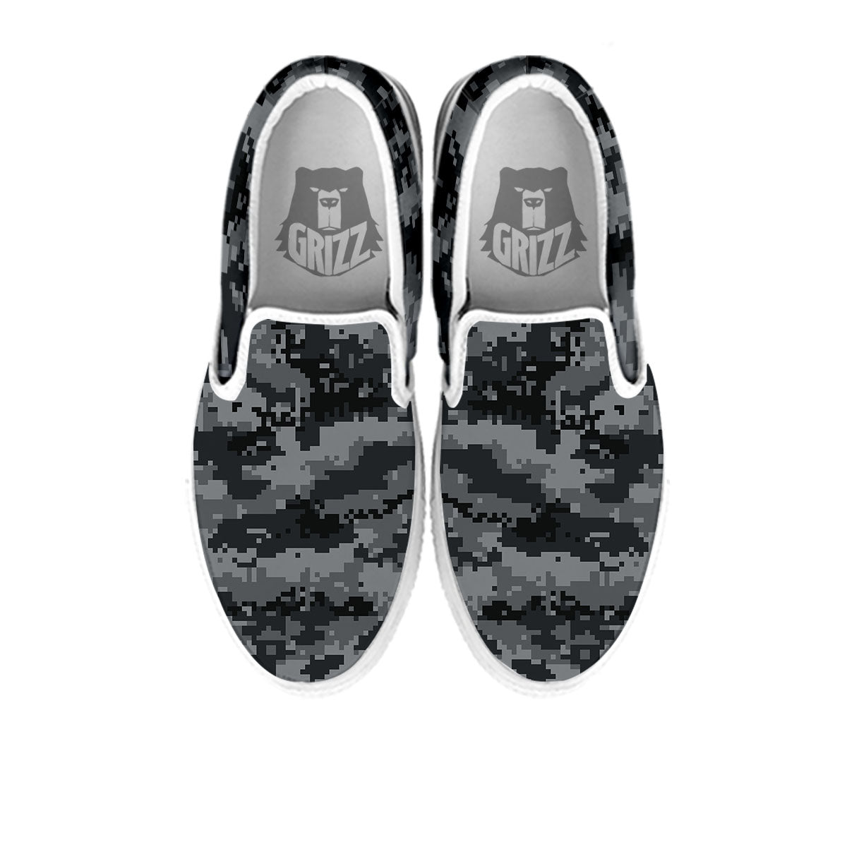 Digital Camo Grey And Black Print White Slip On Shoes-grizzshop