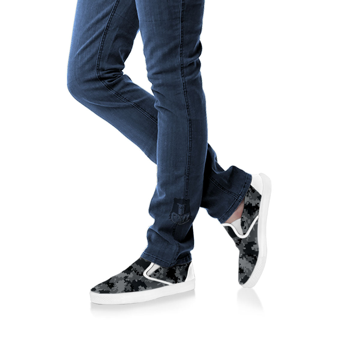 Digital Camo Grey And Black Print White Slip On Shoes-grizzshop