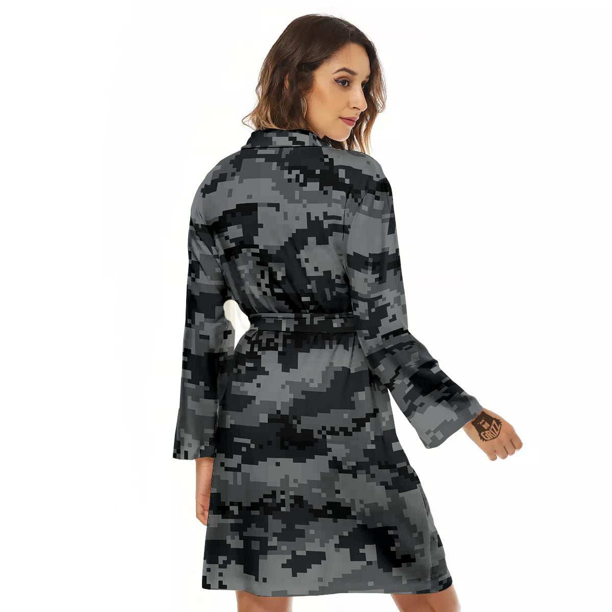Digital Camo Grey And Black Print Women's Robe-grizzshop