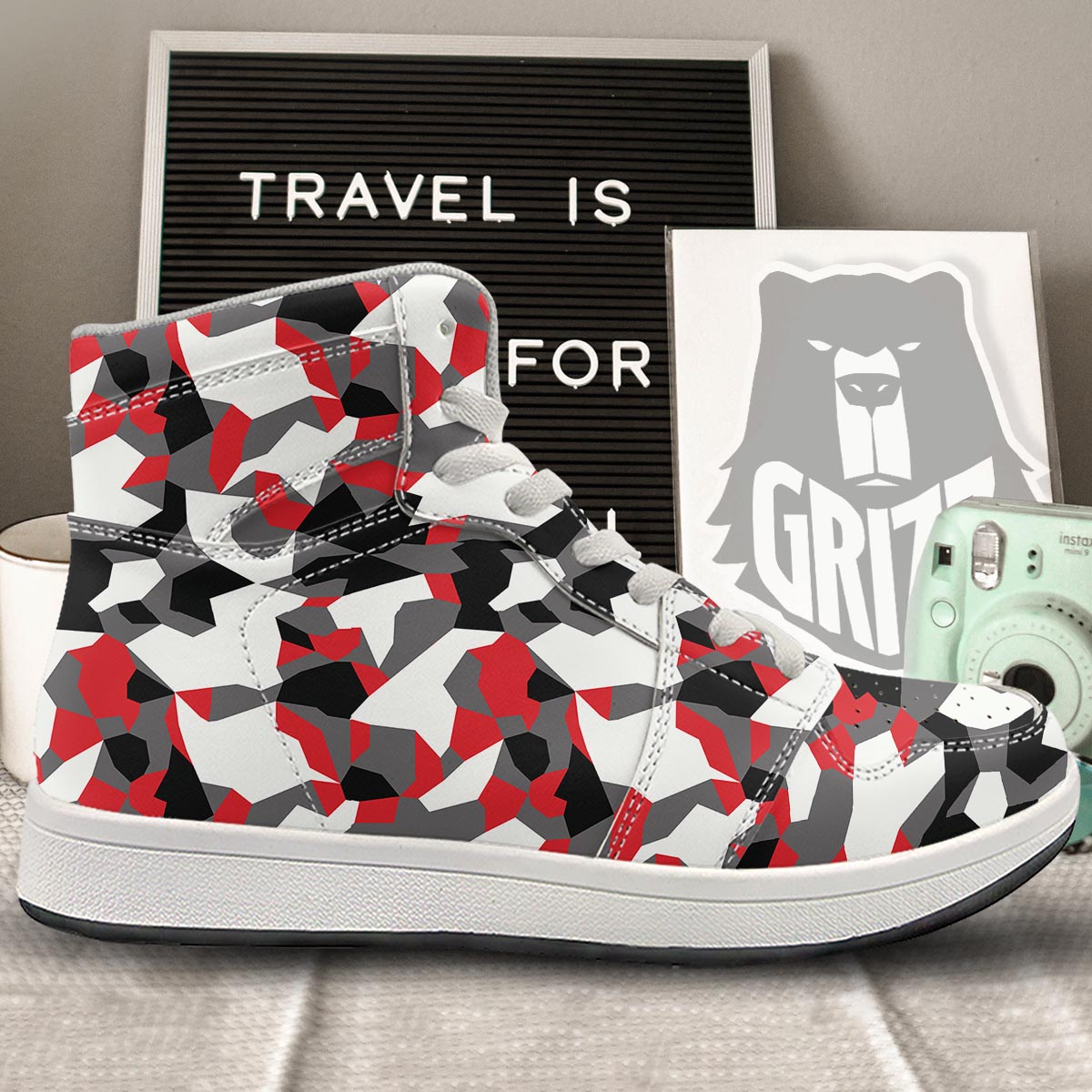 Digital Camo Grey And Red Print Pattern High Top Sneakers-grizzshop