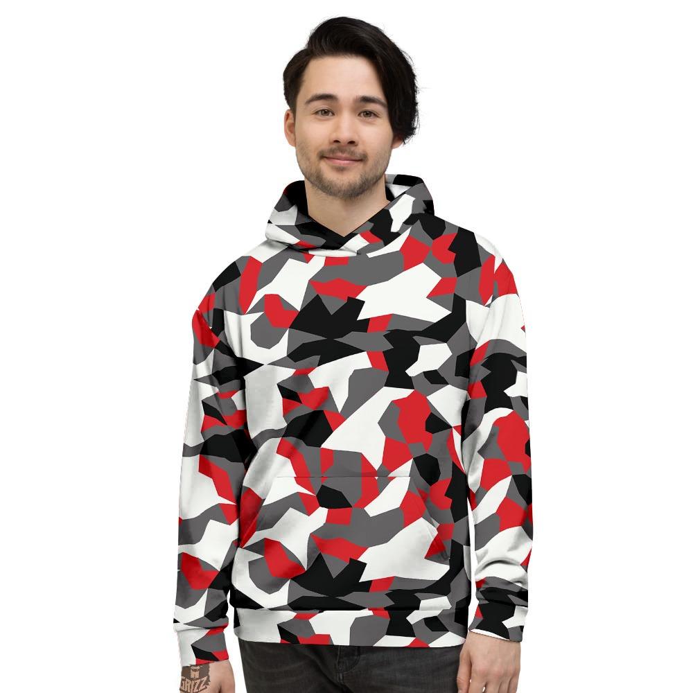Digital Camo Grey And Red Print Pattern Men's Hoodie-grizzshop