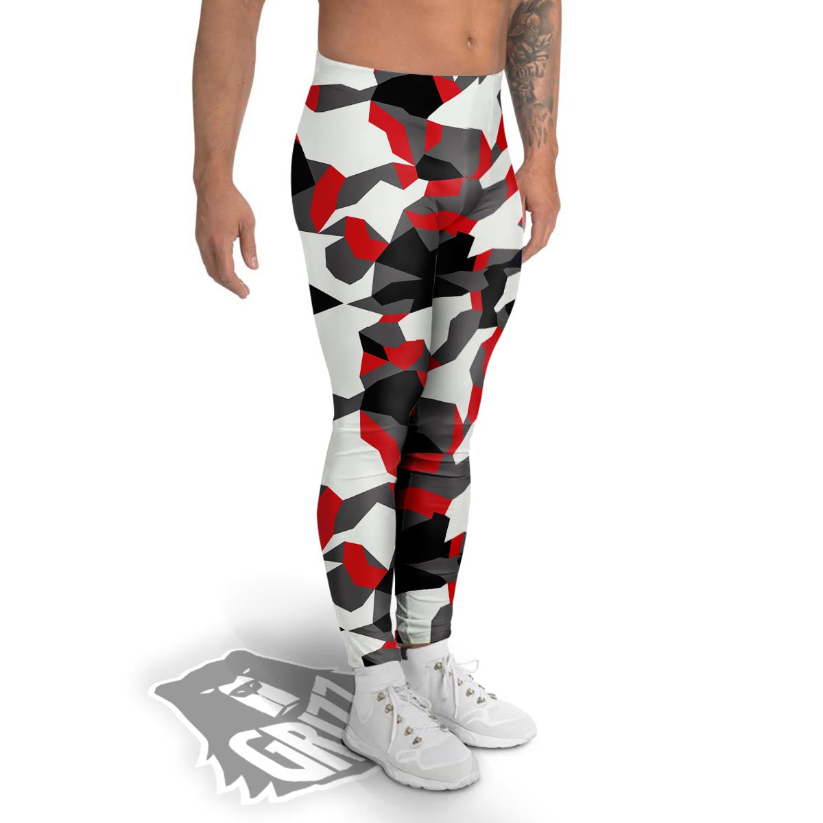 Digital Camo Grey And Red Print Pattern Men's Leggings-grizzshop