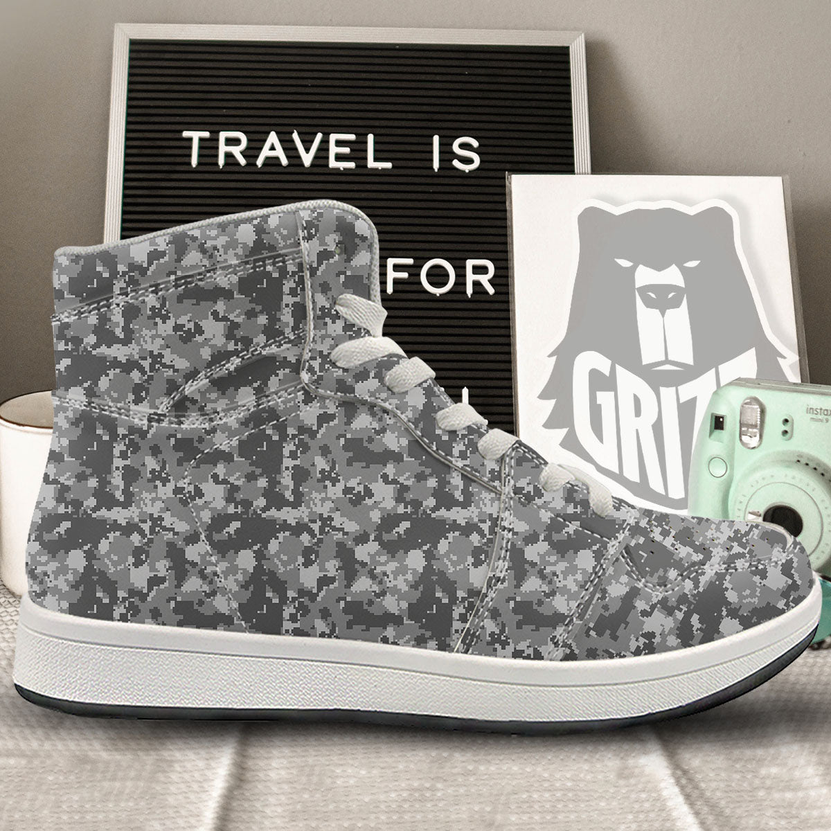 Digital Camo Grey Print Pattern High Top Sneakers-grizzshop