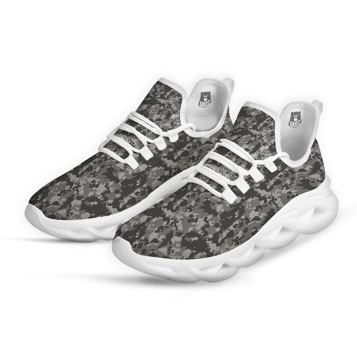 Digital Camo Grey Print Pattern White Running Shoes-grizzshop