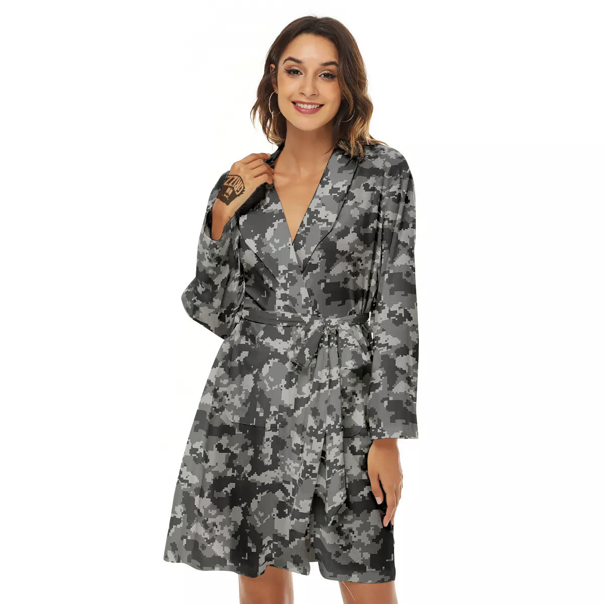 Digital Camo Grey Print Pattern Women's Robe-grizzshop