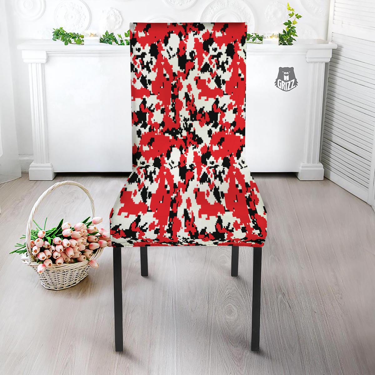 Digital Camo Red White And Black Print Pattern Dining Chair Slipcover-grizzshop