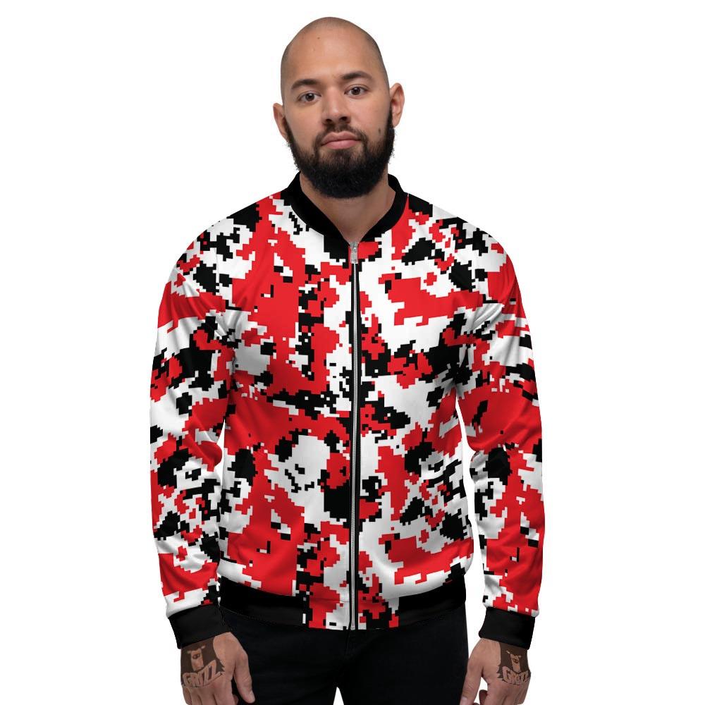 Digital Camo Red White And Black Print Pattern Men's Bomber Jacket-grizzshop