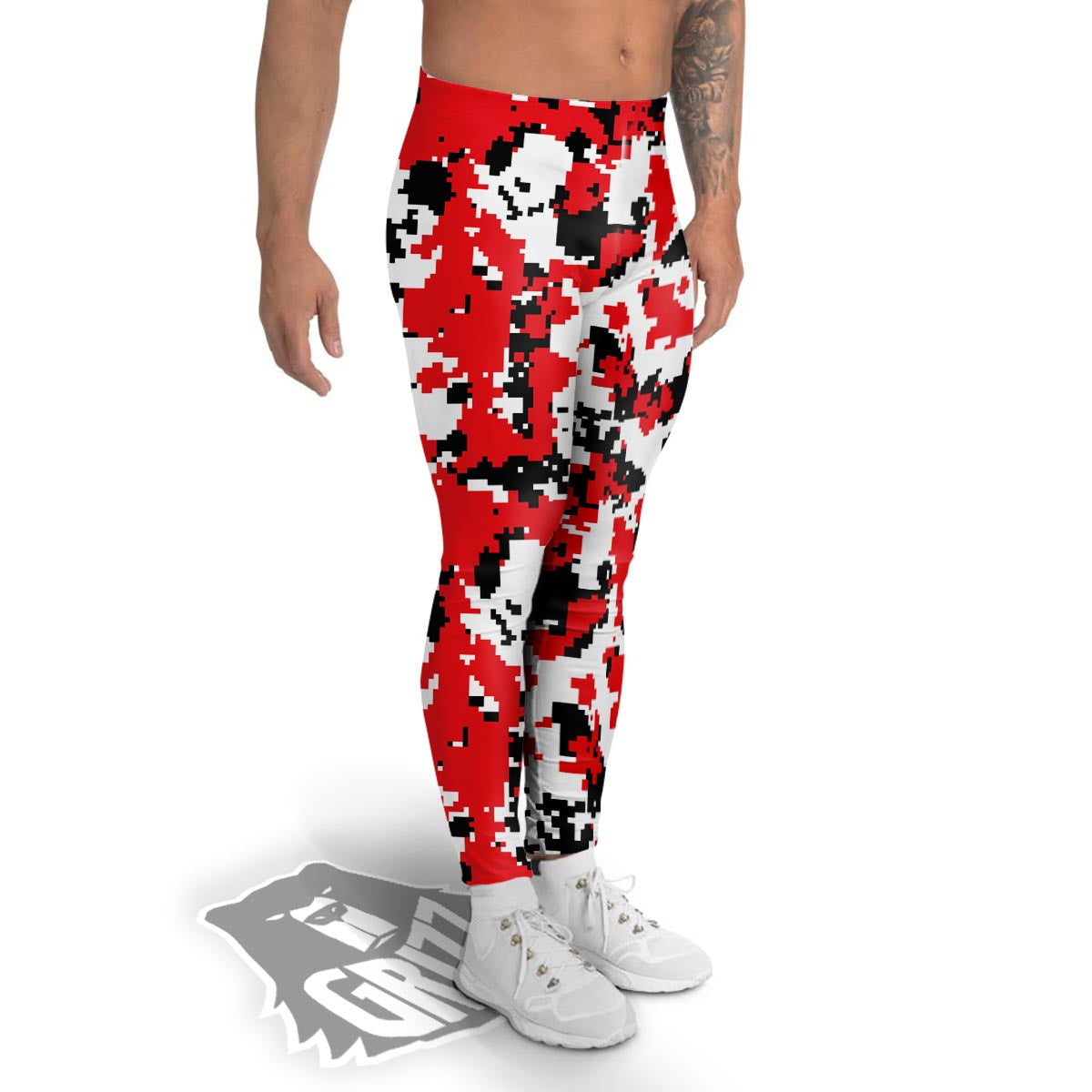 Digital Camo Red White And Black Print Pattern Men's Leggings-grizzshop