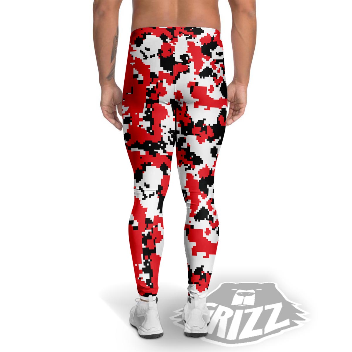 Digital Camo Red White And Black Print Pattern Men's Leggings-grizzshop
