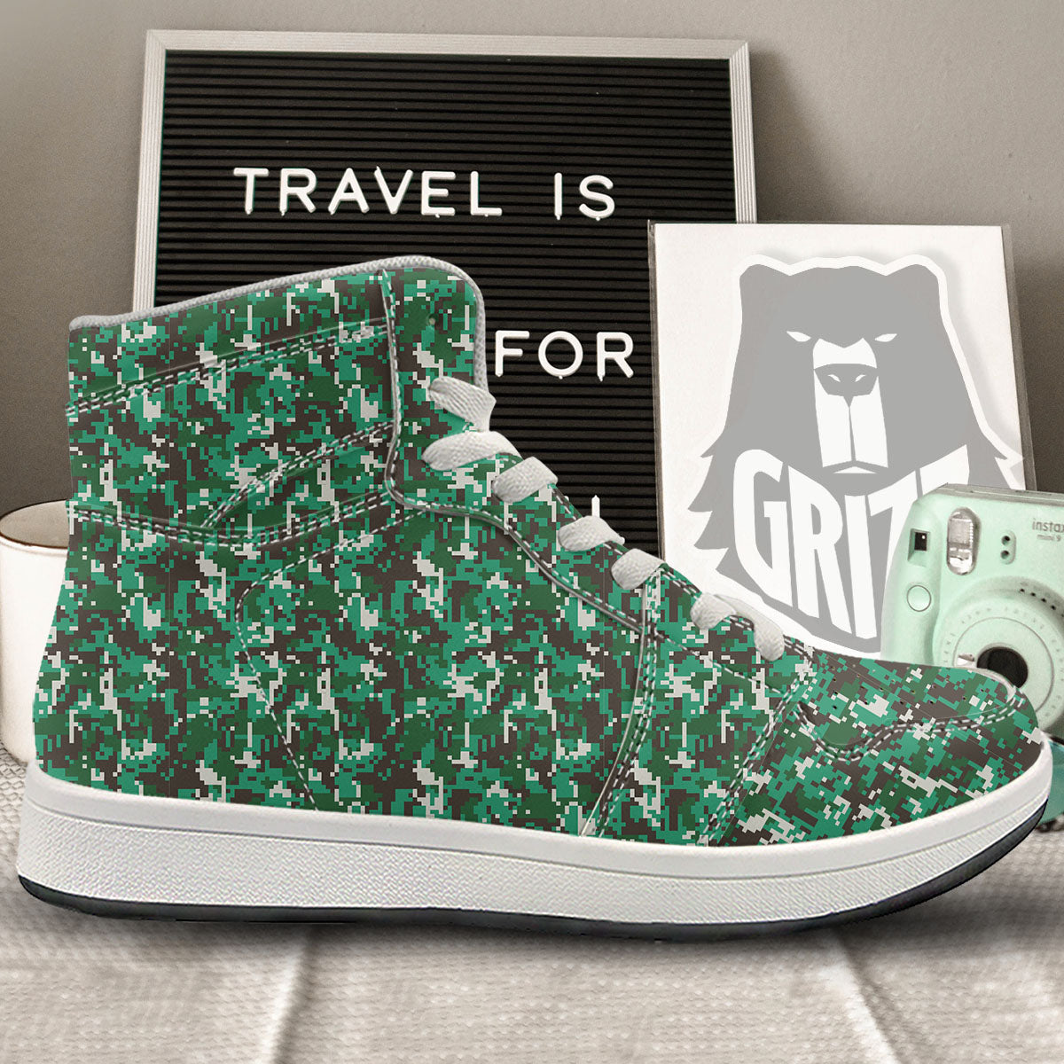 Digital Camo White And Green Print High Top Sneakers-grizzshop