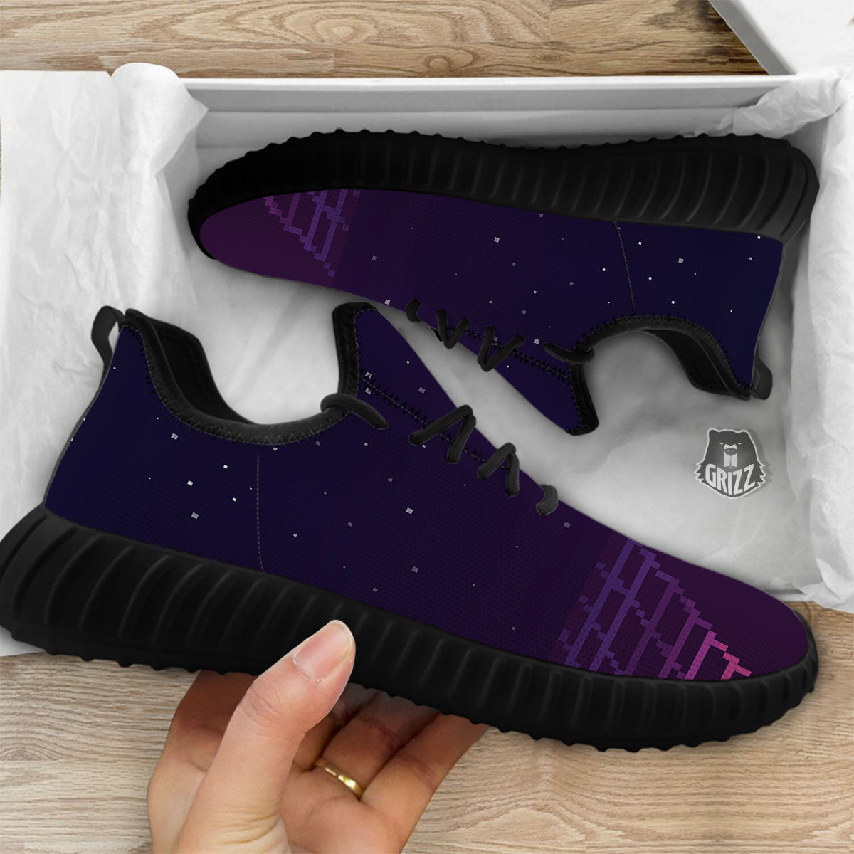 Digital Landscape 8-Bit Pixel Print Black Walking Shoes-grizzshop
