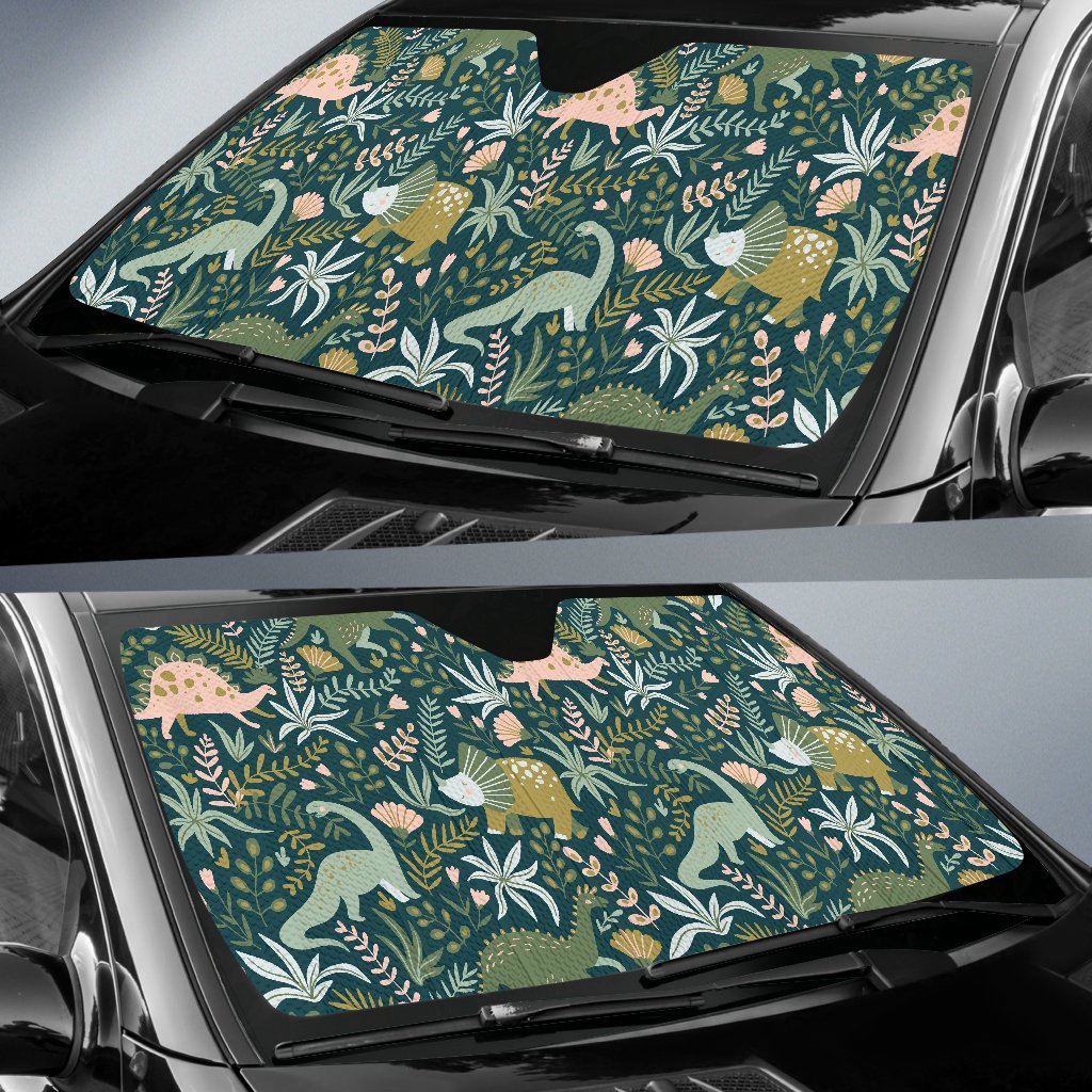 Dino Dinosaur Flower Leaf Pattern Print Car Sun Shade-grizzshop