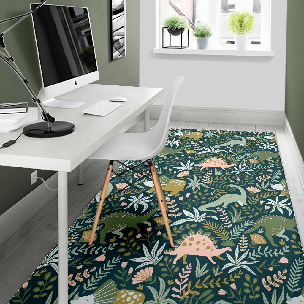 Dino Dinosaur Flower Leaf Pattern Print Floor Mat-grizzshop