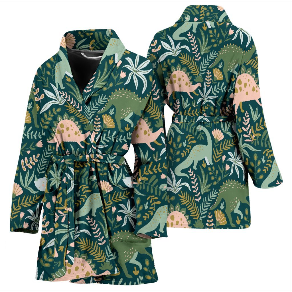 Dino Dinosaur Flower Leaf Pattern Print Women Long Robe-grizzshop