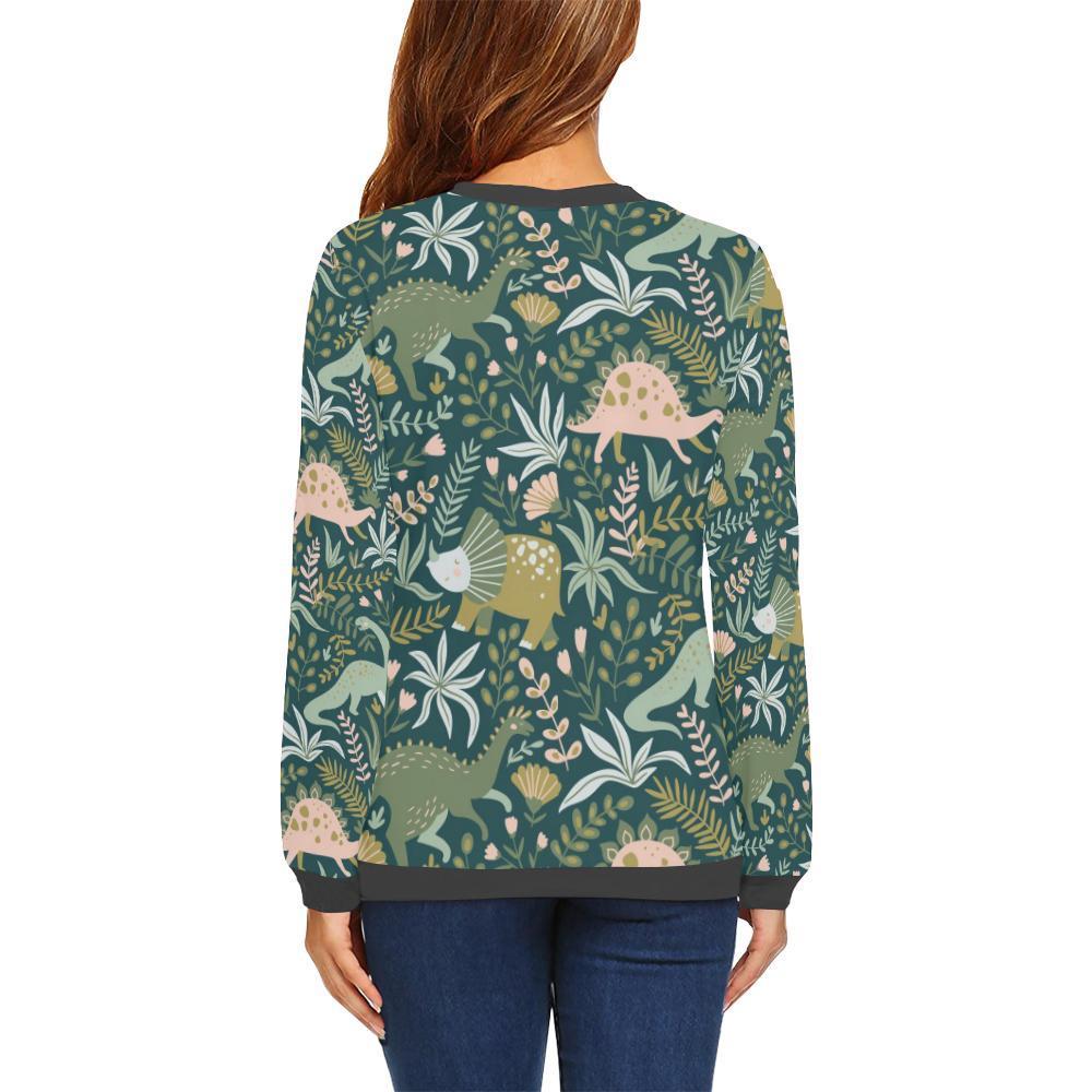 Dino Dinosaur Flower Leaf Pattern Print Women's Sweatshirt-grizzshop