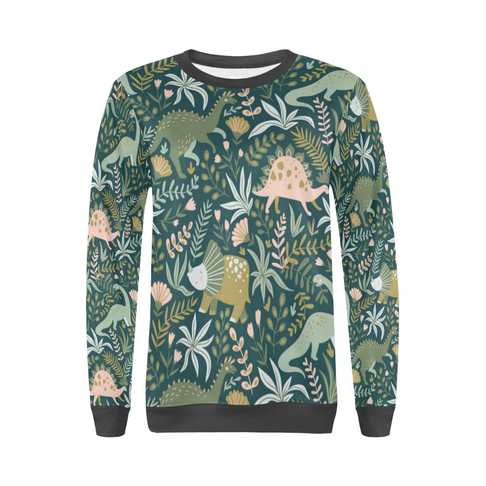 Dino Dinosaur Flower Leaf Pattern Print Women's Sweatshirt-grizzshop