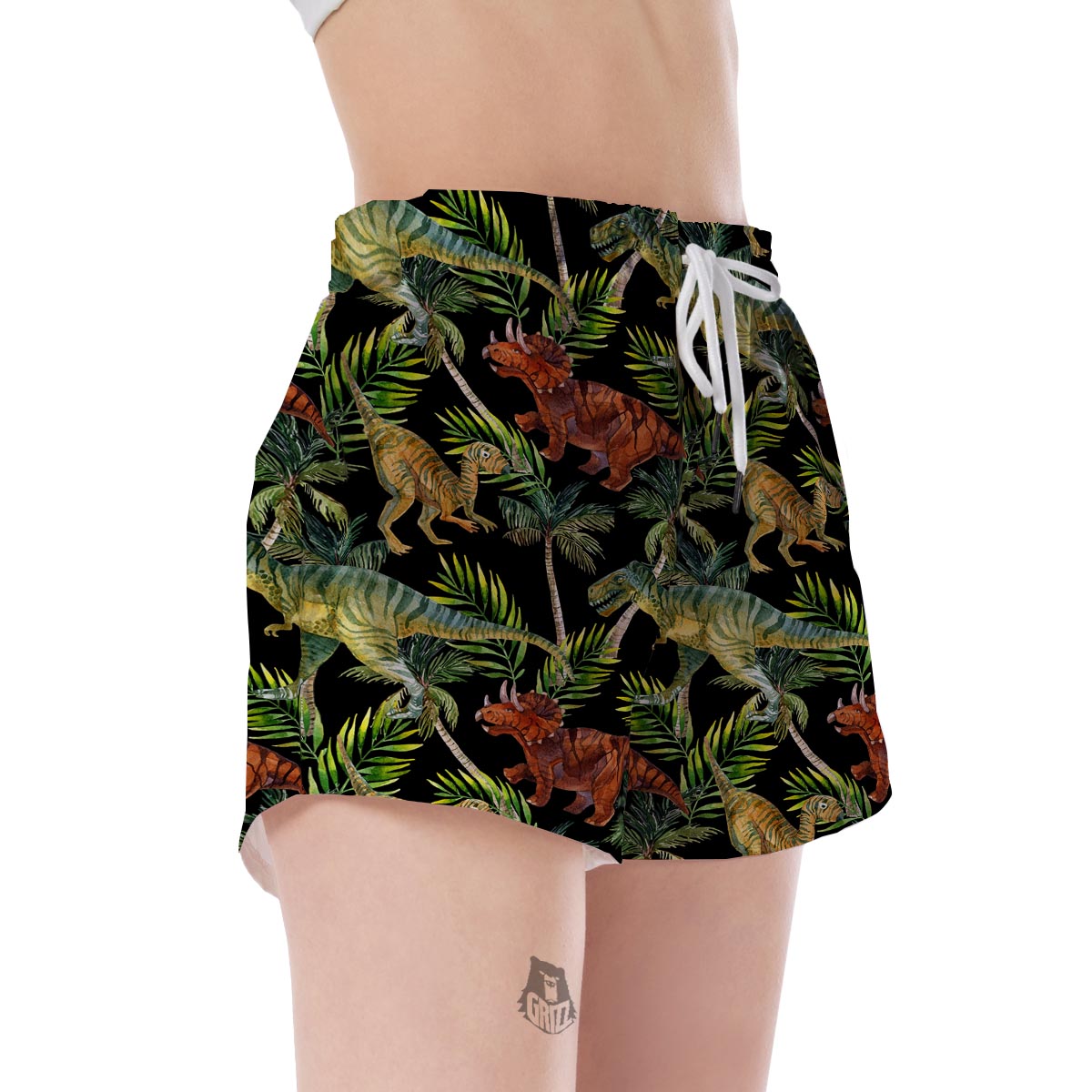 Dino Dinosaur Palm Leaf Pattern Print Women's Shorts-grizzshop