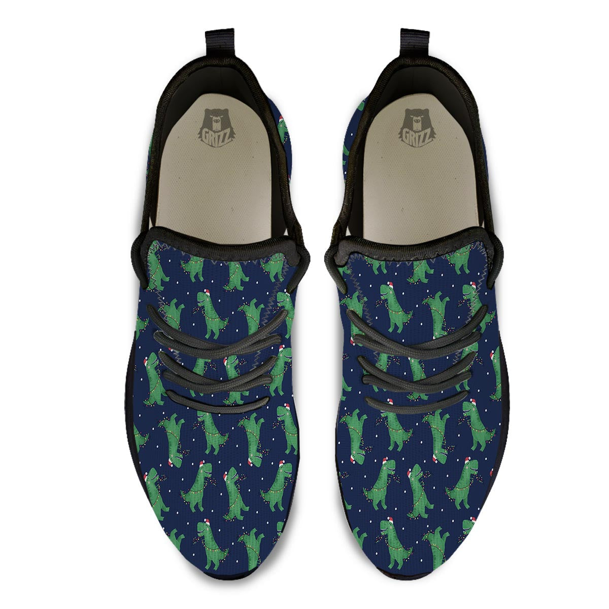 Dino T-Rex Christmas Santa Claus Print Pattern Black Athletic Shoes-grizzshop