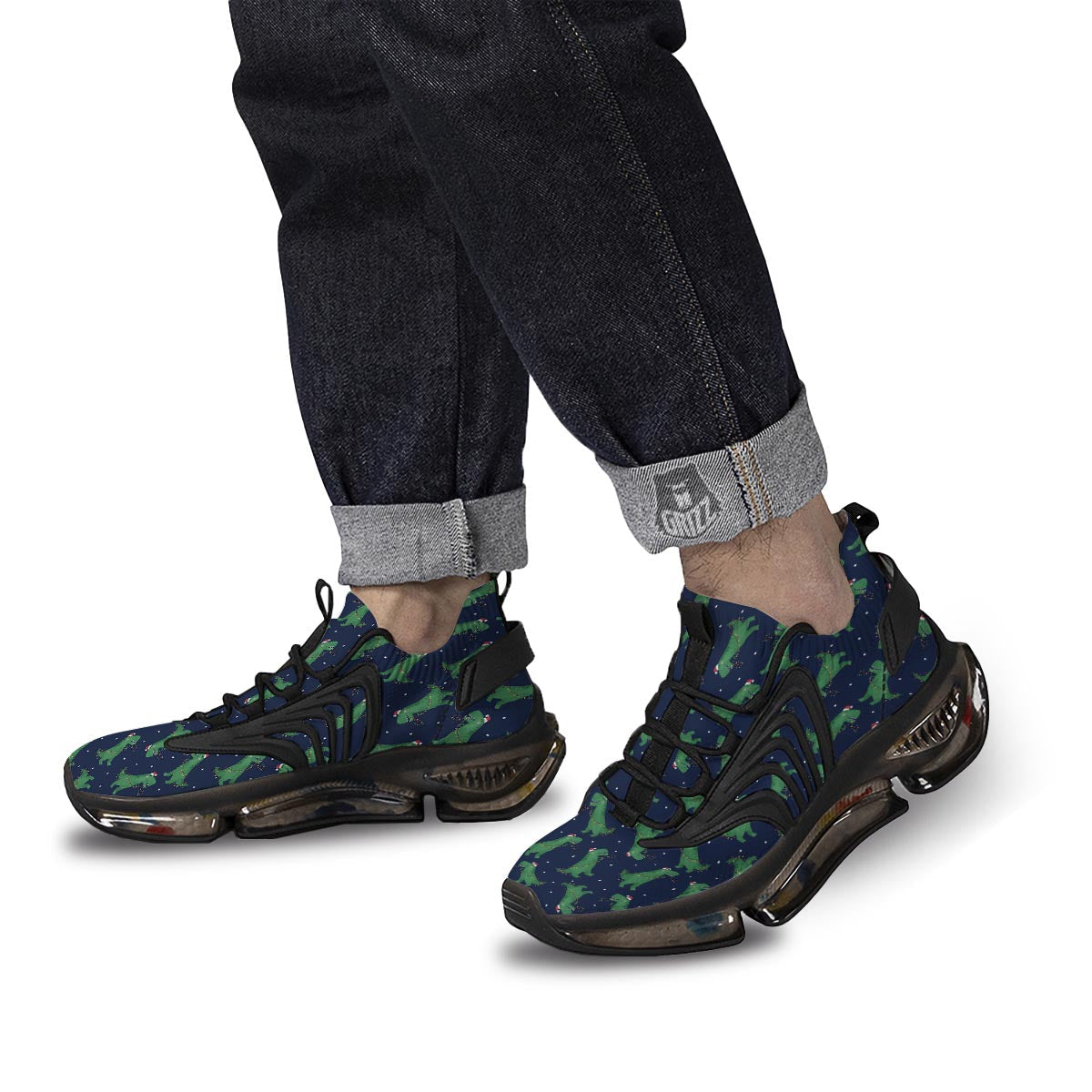 Dino T-Rex Christmas Santa Claus Print Pattern Black Gym Shoes-grizzshop