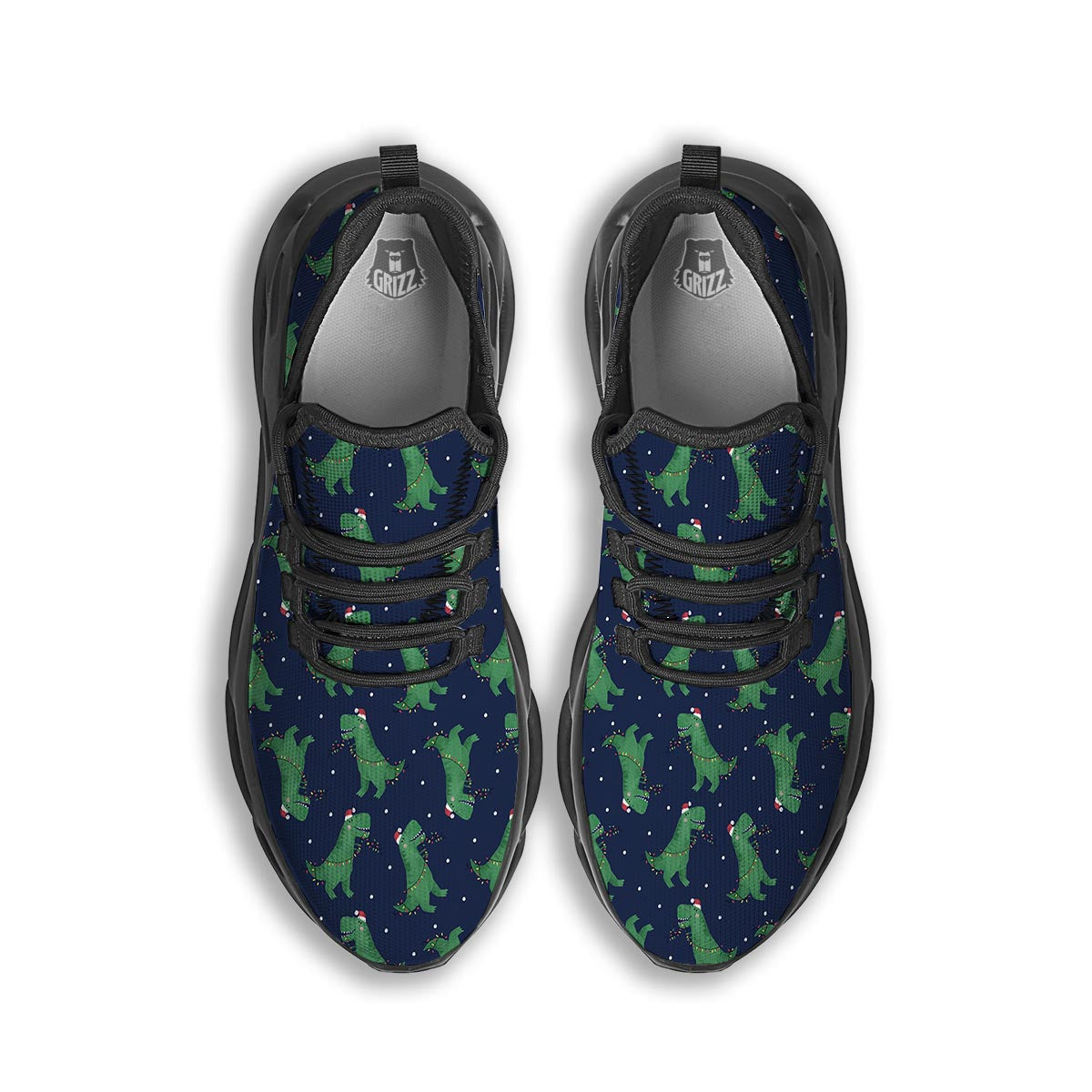 Dino T-Rex Christmas Santa Claus Print Pattern Black Running Shoes-grizzshop