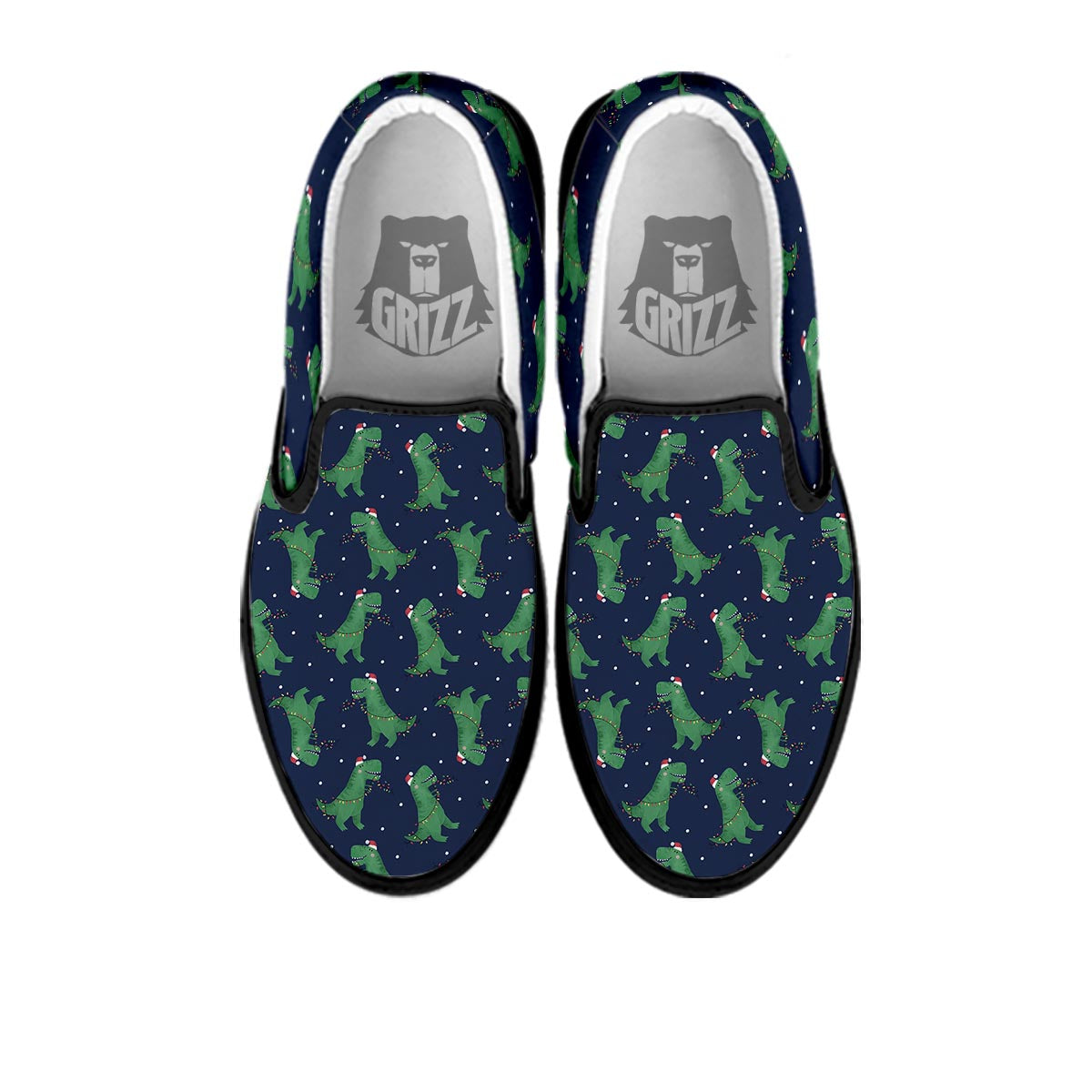 Dino T-Rex Christmas Santa Claus Print Pattern Black Slip On Shoes-grizzshop