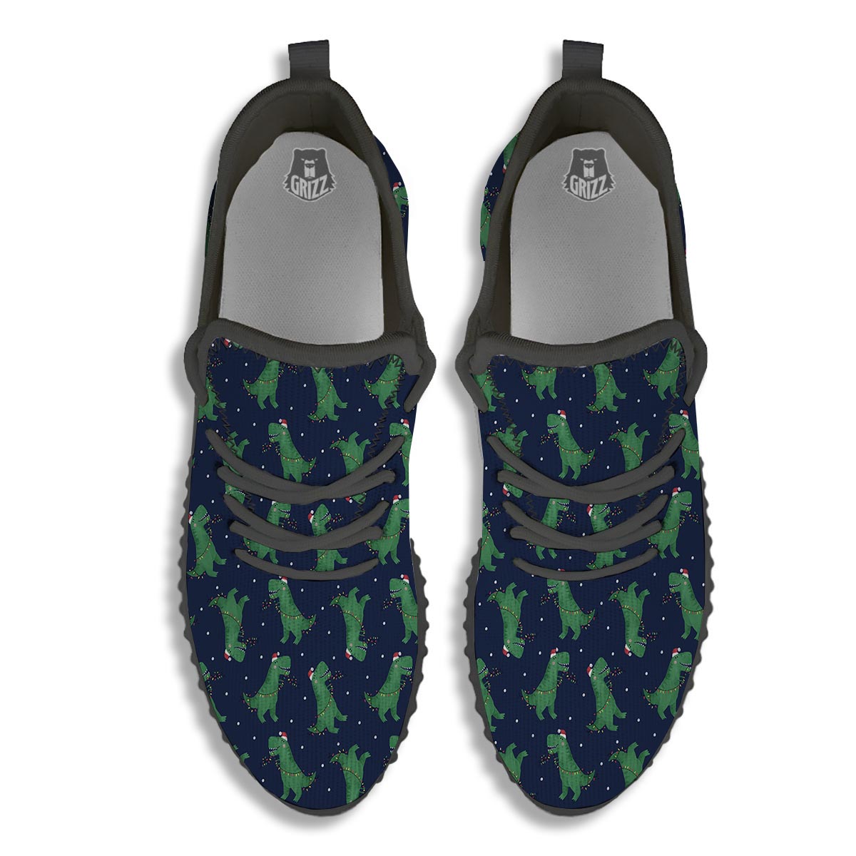 Dino T-Rex Christmas Santa Claus Print Pattern Black Walking Shoes-grizzshop