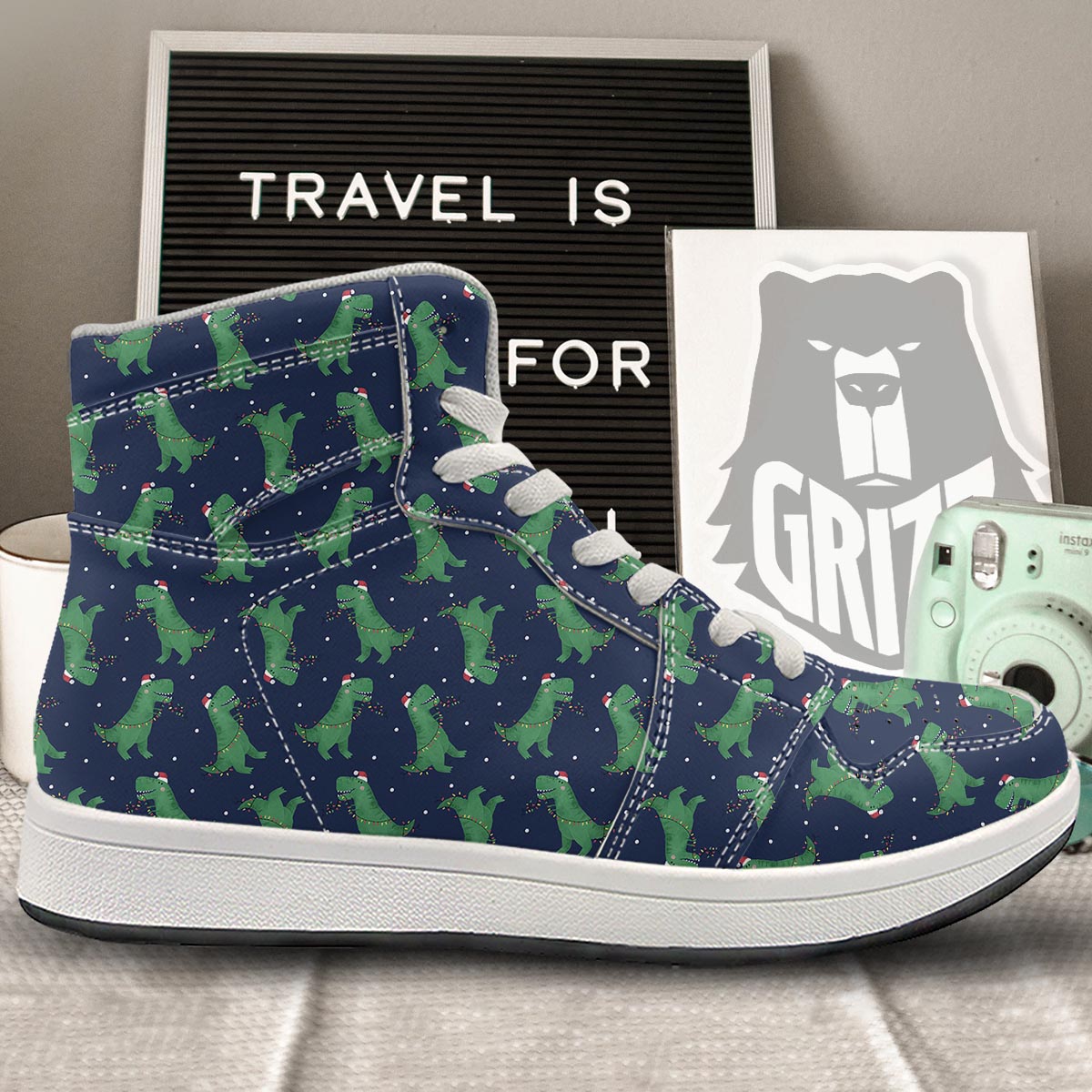 Dino T-Rex Christmas Santa Claus Print Pattern High Top Sneakers-grizzshop