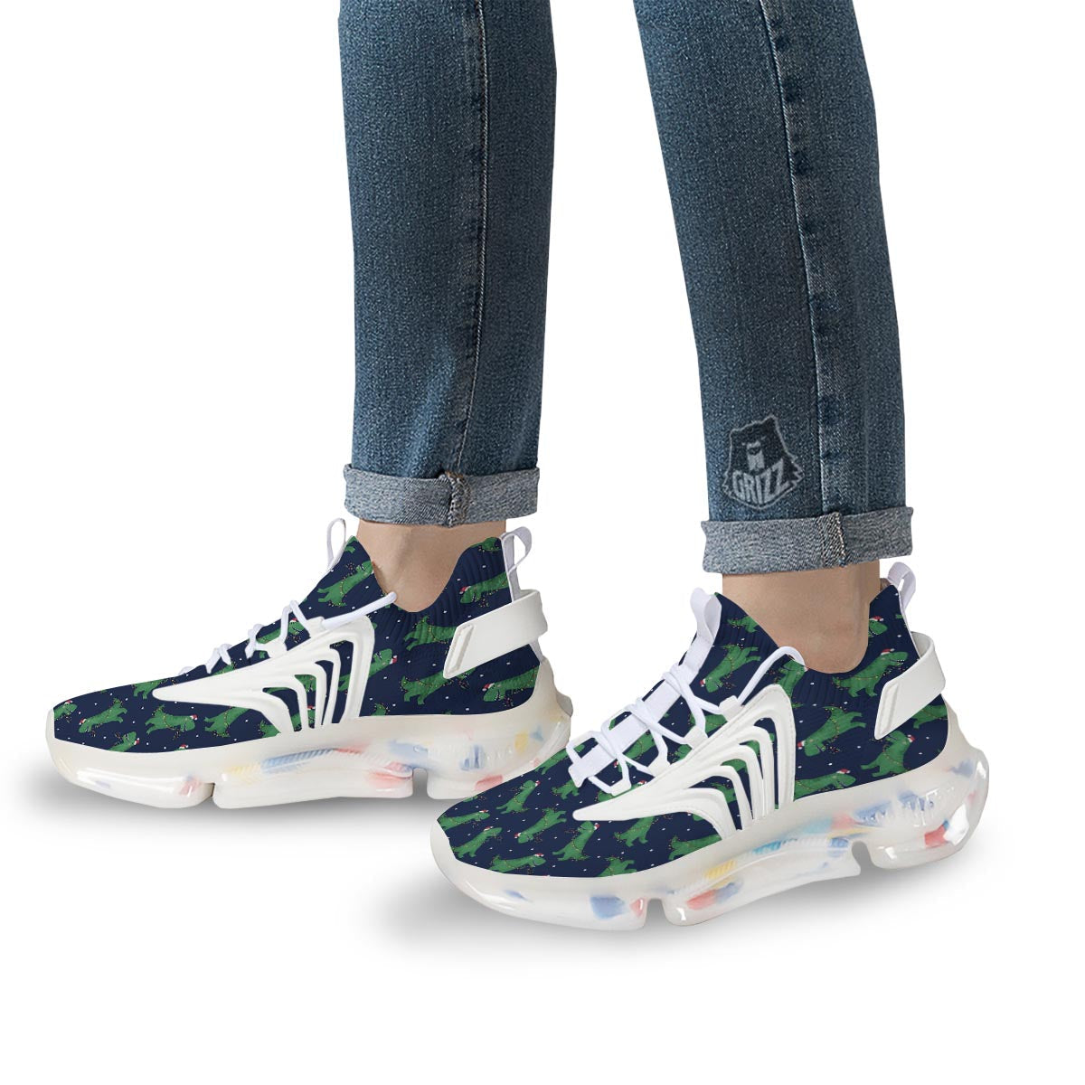 Dino T-Rex Christmas Santa Claus Print Pattern White Gym Shoes-grizzshop