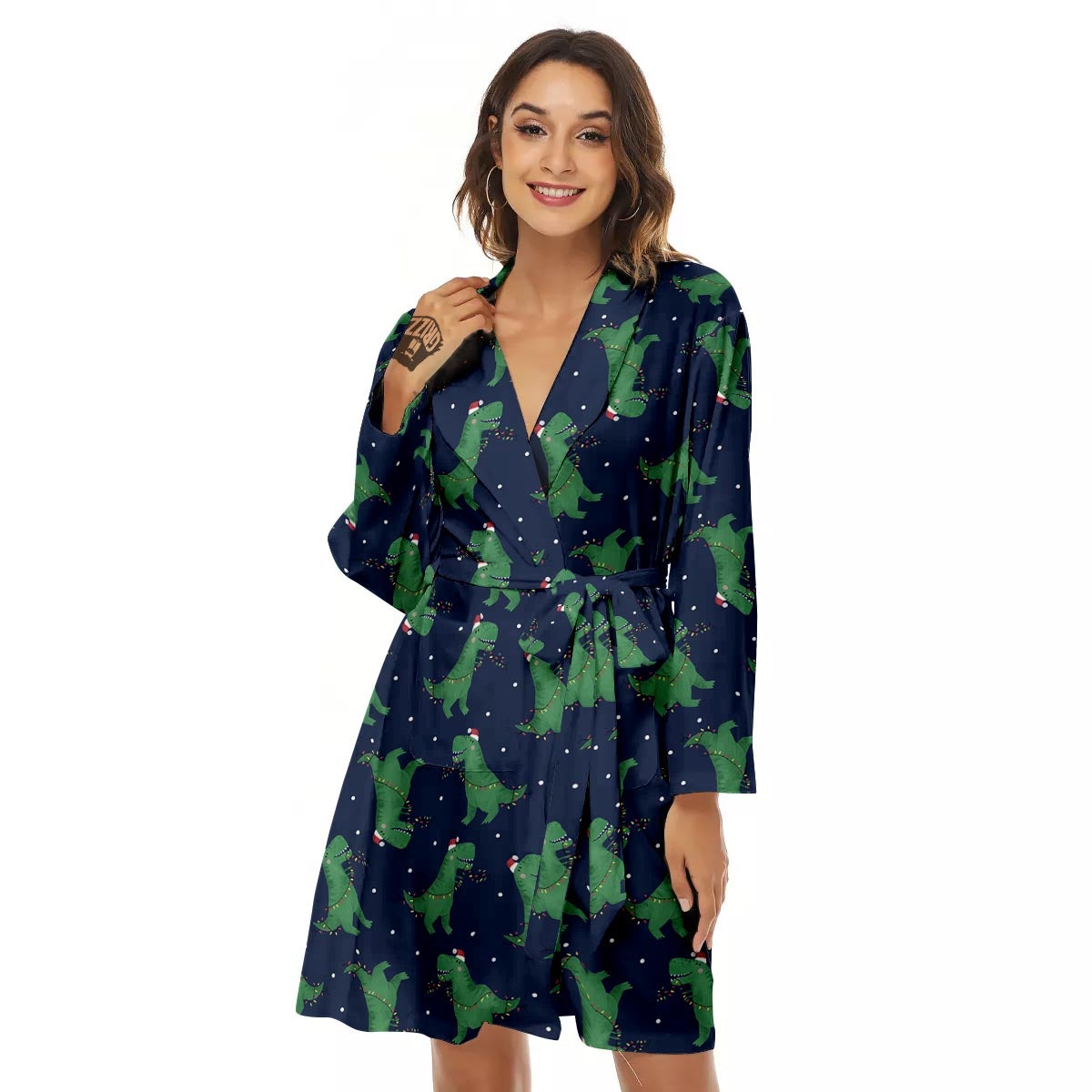 Dino T-Rex Christmas Santa Claus Print Pattern Women's Robe-grizzshop