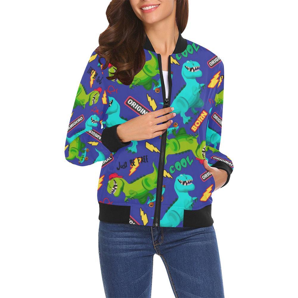 Dino Dinosaur Cartoon Pattern Print Women Casual Bomber Jacket-grizzshop