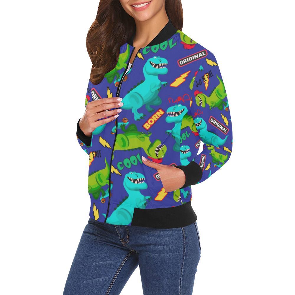 Dino Dinosaur Cartoon Pattern Print Women Casual Bomber Jacket-grizzshop