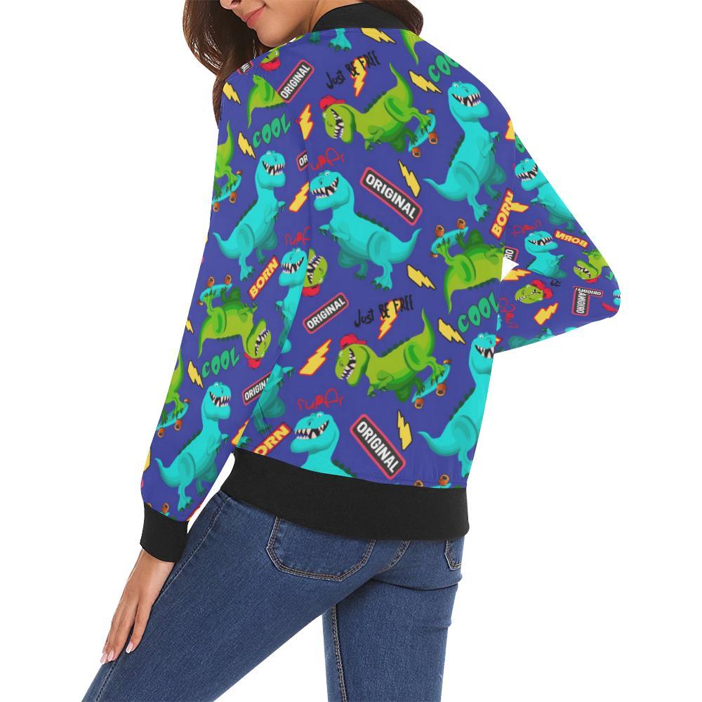 Dino Dinosaur Cartoon Pattern Print Women Casual Bomber Jacket-grizzshop