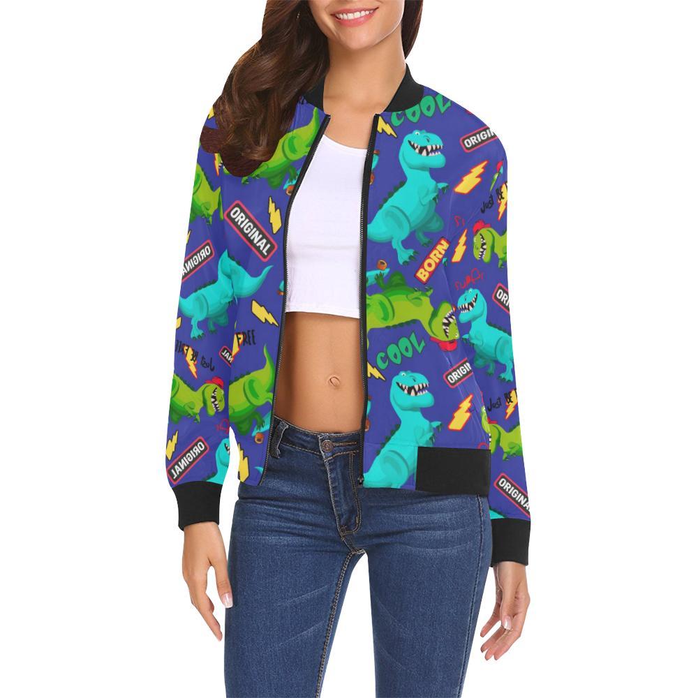 Dino Dinosaur Cartoon Pattern Print Women Casual Bomber Jacket-grizzshop