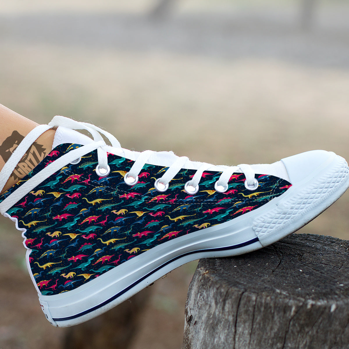 Dinosaur Colorful Print Pattern White High Top Shoes-grizzshop
