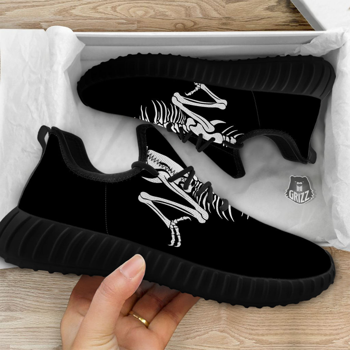 Dinosaur Fossil White And Black Print Black Walking Shoes-grizzshop