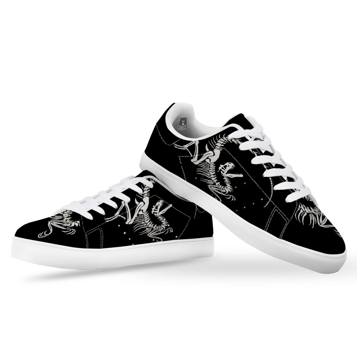Dinosaur Fossil White And Black Print White Low Top Sneakers-grizzshop