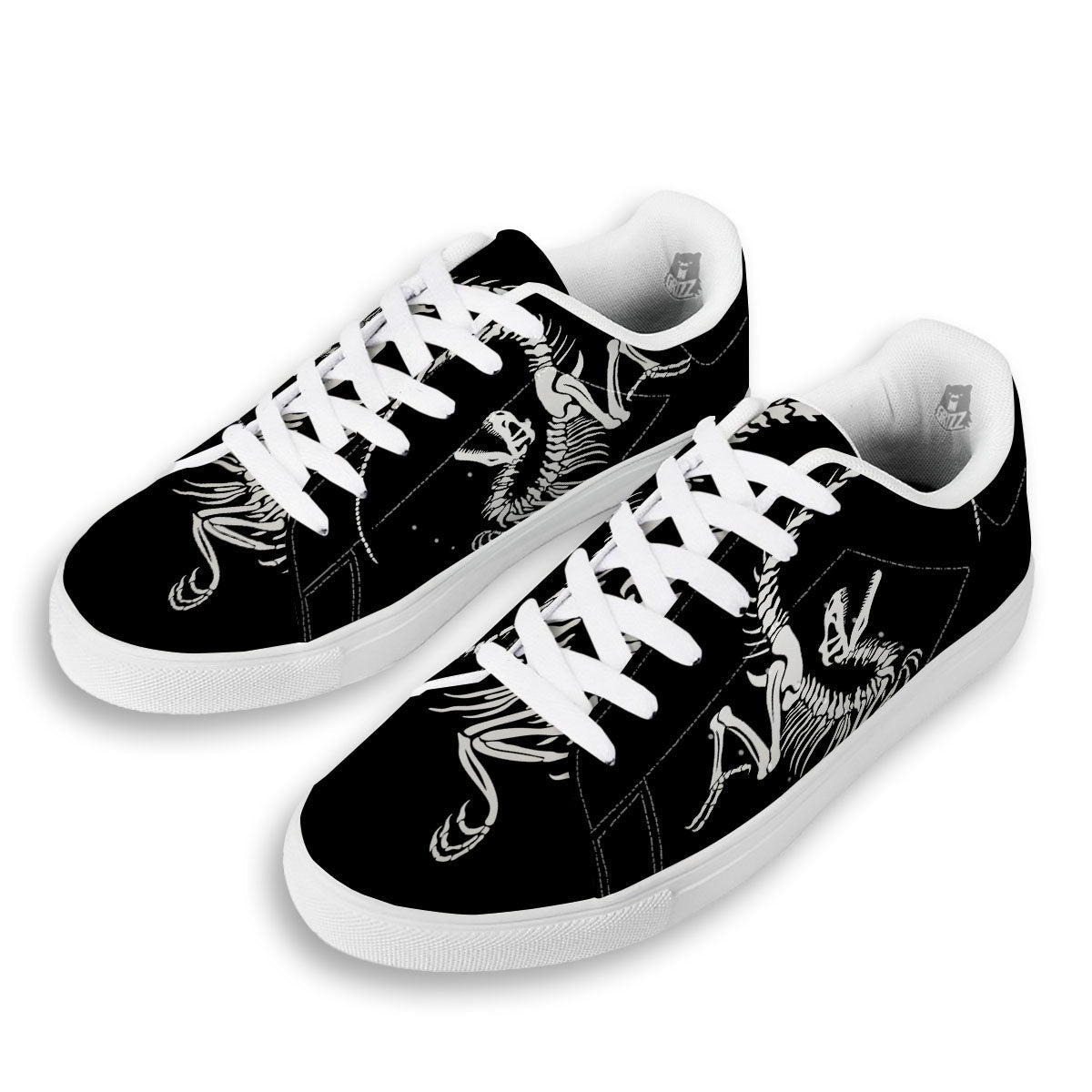 Dinosaur Fossil White And Black Print White Low Top Sneakers-grizzshop