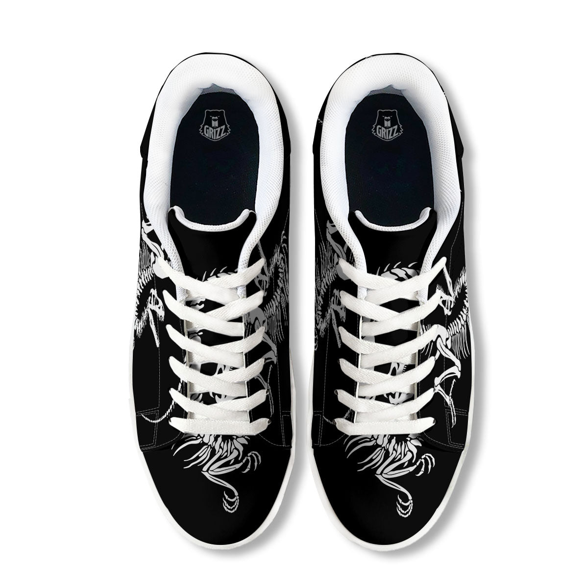 Dinosaur Fossil White And Black Print White Low Top Sneakers-grizzshop